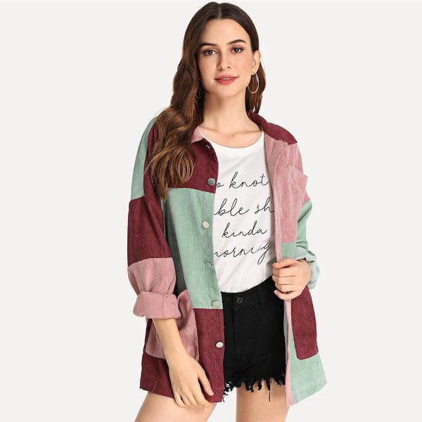 

multicolor pocket front colorblock cord jacket coat women autumn winter single breasted long sleeve casual outwear coats, Black;brown