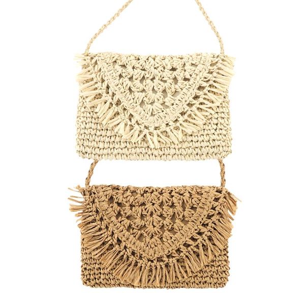 

2020 women paper rope hand-woven tassel shoulder bags girls straw casual beach crossbody messenger flap bags