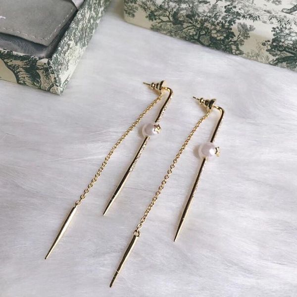 

c1886 the korean version of fashion two wearing tassel long earrings pearl star eardrop girls joker ear line, Golden;silver