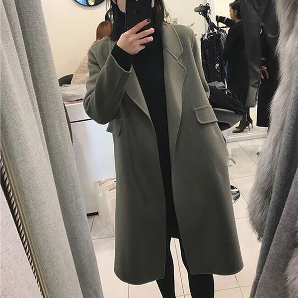 

2020 korean winter long loose bathrobe woolen overcoat jacket warm thicked pure color wool coat women plus size 4xl l128, Black