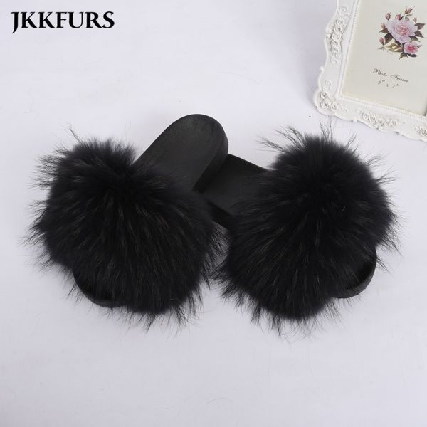 

jancoco raccoon spring wide sandals women luxury fur slides, Black