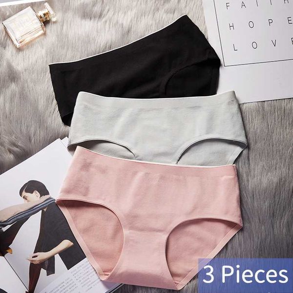 

3pcs/lot solid comfortable mid waist seamless pure cotton crotch girl women panties breathable underwear, Black;pink