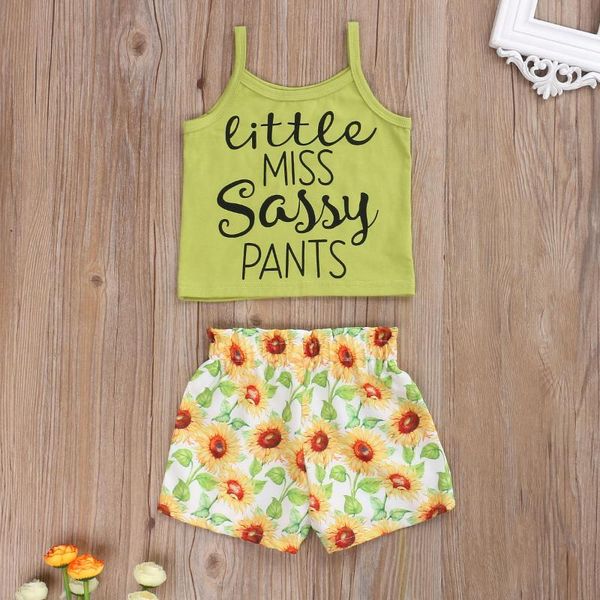 

2 pcs infant summer girls set outfits toddler square collar spaghetti strap letter print vest sunflower shorts, White