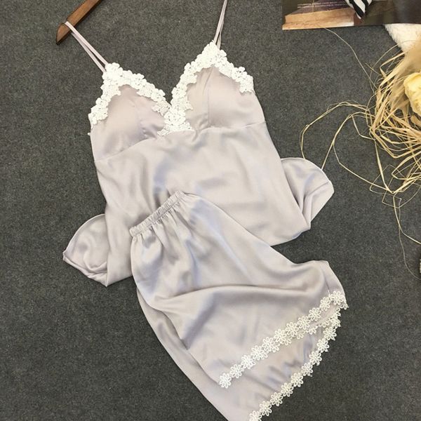 

women tracksuit women ladies sleepwear set silk sleeveless vest+shorts summer nightwear outfits, Gray