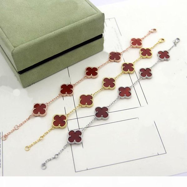 

europe america lady women brass vintage 1.5cm five motifs onyx mother of pearl malachite carnelian four leaf flower 18k gold chain bracelet, Black