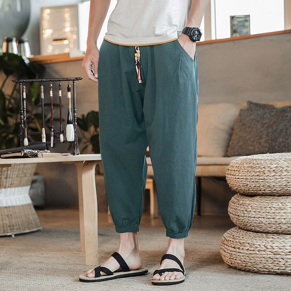 

men's pants streetwear 2021 summer cotton harem men casual hip hop trousers drawstring loose ankle-length joggers, Black