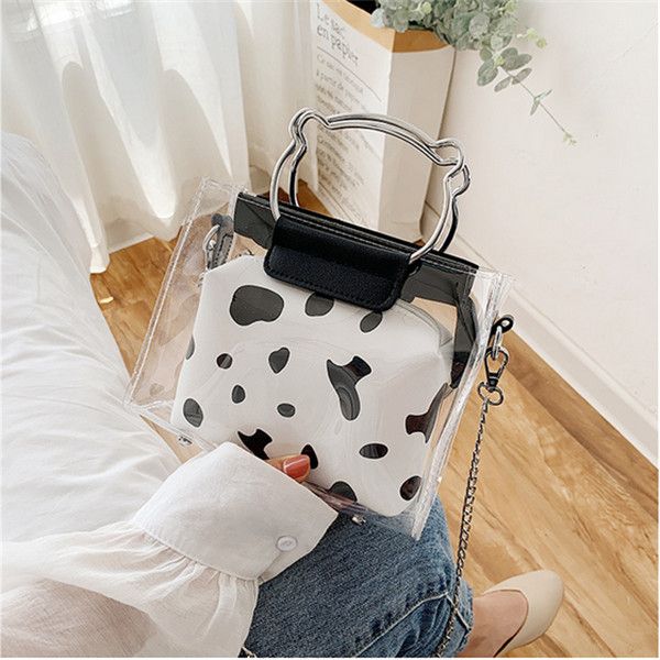 

2020 new fashion ladies cute little cow color matching handbag transparent picture and mother two-piece diagonal bag shoulder bag, Black;red