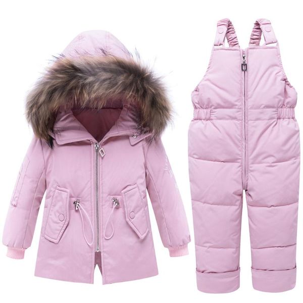 

2020 winter baby girl's clothing set children warm fur duck down jackets baby snowsuit ski suit kids outerwear coat + trousers, White