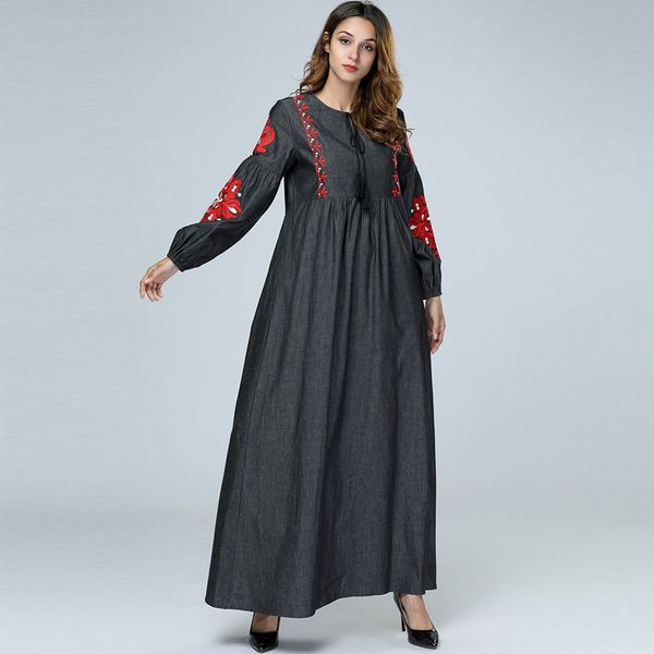 

black abaya robe dubai qutar saudi arabia embroidery denim muslim hijab dress abayas for women jilbab turkish islamic clothing