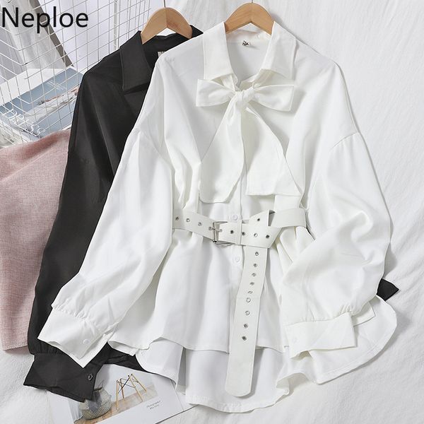 

neploe women blouse 2020 autumn long sleeve bow tie turn down collar shirt belt slim waist medium-long solid blusas mujer 4d276, White