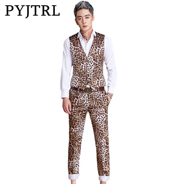 

pyjtrl new m-5xl tide men fashion leopard print vest suits for men stage singer bar dj latest vest pant designs slim fit suit, White;black