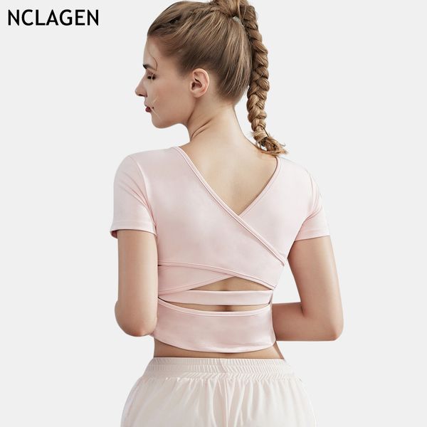 

nclagen short sleeved women yoga shirts running sports vest gym sport workout running training high impact crop top, White;red
