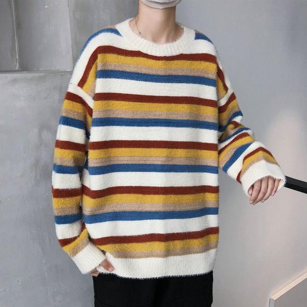 

winter striped sweater men's warm and fashionable casual knit pullover men streetwear loose knitting sweaters mens clothes -2xl, White;black