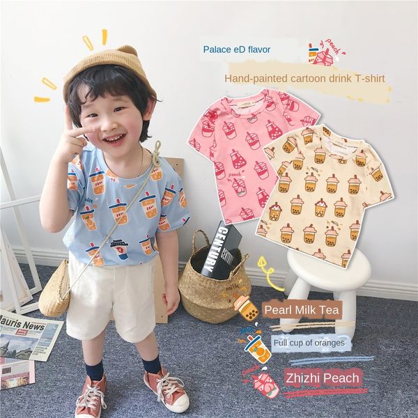 

zohmi lm961 2020 children's clothing summer new -shirt cotton-padded clothes milk tea orange juice beverage pure cotton short-sleeved t, Blue