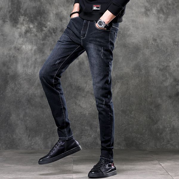 

tide brand men's jeans slim feet korean version trend spring and summer new stretch summer casual pants, Blue
