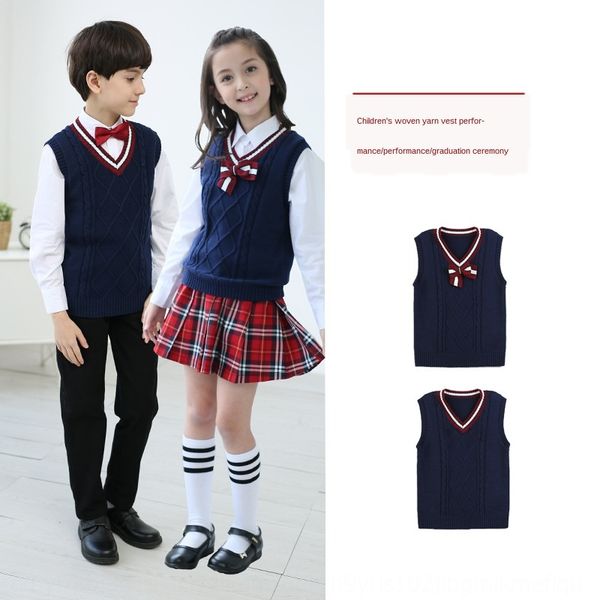 

primary school students' class uniform school uniform v-neck girl's bow boy's blue butterfly vest knitted wool vest red waist, Camo