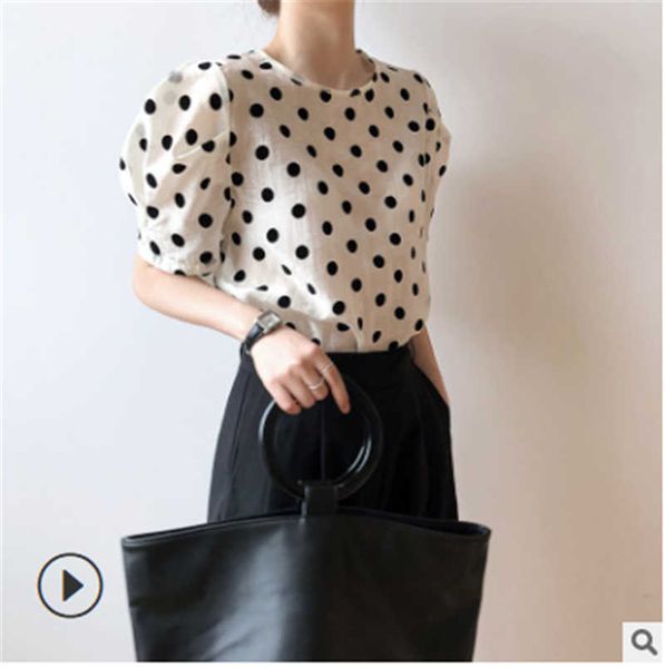 

french retro foreign short-sleeved polka dot shirt female 2020 summer sense bubble sleeve thin, White