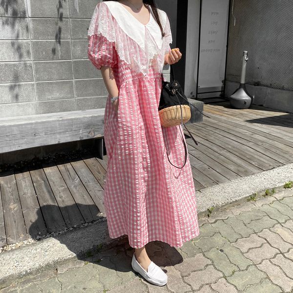 

2020 summer new lace doll collar puff sleeve loose plaid dress women, Black;gray