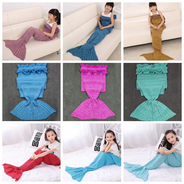 Çocuklar Battaniyeler Denizkızı Kuyruk Battaniye Tığ Fish Tails Battaniyeler Örme TV Kanepe Battaniye Noel Hediyesi 13 Renk 30pcs DW4628 Uyku Tulumu