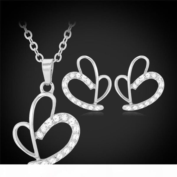 

new hearts pendant choker necklace earrings jewelry sets rhinestone 18k gold plated stud earrings for women, Silver