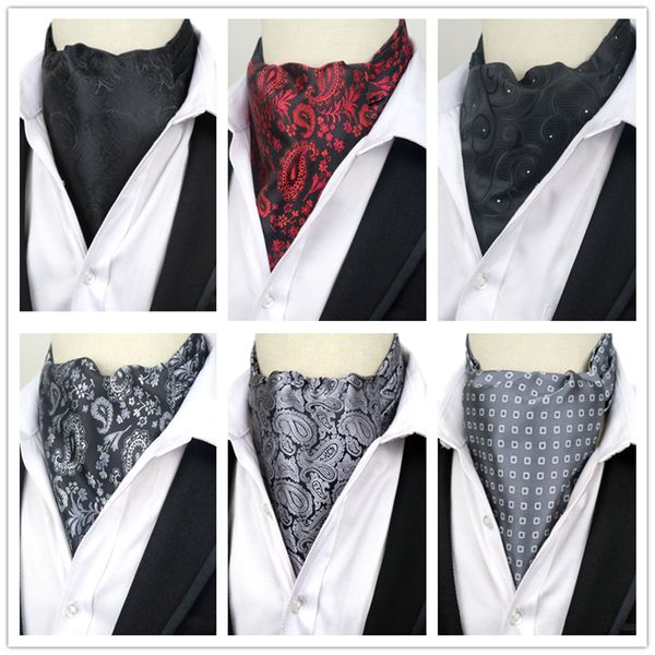

luxury men's ascot ties vintage paisley cravat self tied british style gentleman polyester silk neck tie wedding formaparty, Black;gray