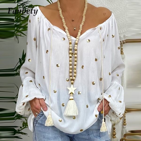 

женщины элегантной горошка кисточка блузка рубашка 2020 осень vintage длинных фонарики рукав пуловеров топы женского new sexy v-образный выр, White