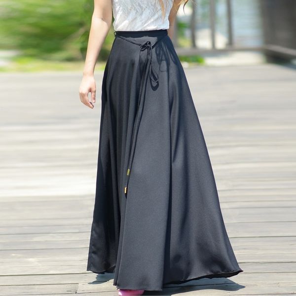 

womens thick chiffon long maxi skirt vintage spring summer autumn all match maxi large pendulum skirt, Black