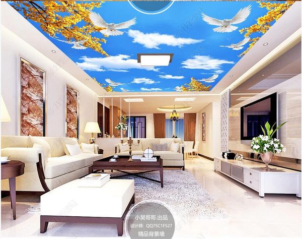 

3d ceiling murals wallpaper custom blue sky and white clouds branch dove ceiling mural roll paper home decoration mural wall-paper large