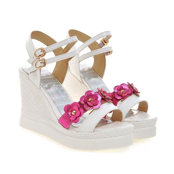 

fashion high wedge heel platform open toes belt buckle strap paillette flower lady sweet shoes women sandals, Black