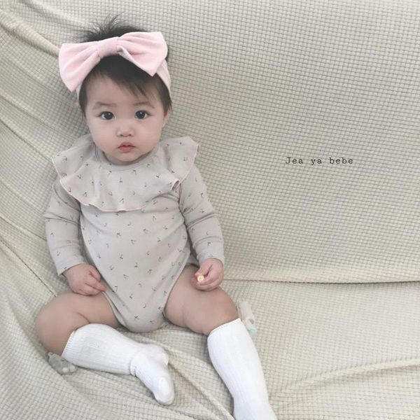 

2020 korea style baby girls printed romper with headband cotton long sleeve autumn babys jumpsuit 6-24 month, Blue