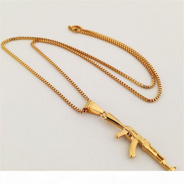 

k hip hop 18k gold plated machine gun pendant army charm bullet necklace stainless steel 27inches (70cm )long box chain necklace men &#, Silver