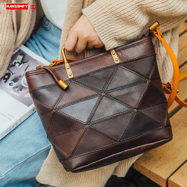 

retro handmade leather shoulder diagonal package literary geometric mosaic leather handbag dumplings original shoulder bags tote