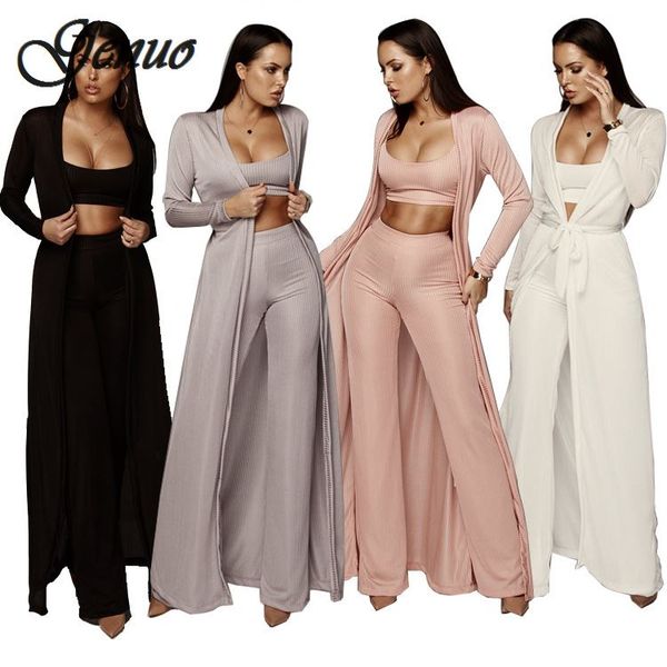 

women bandage lace up long sleeve cardigan coat loose wide leg pants tube 3 piece set for female women's suits, White