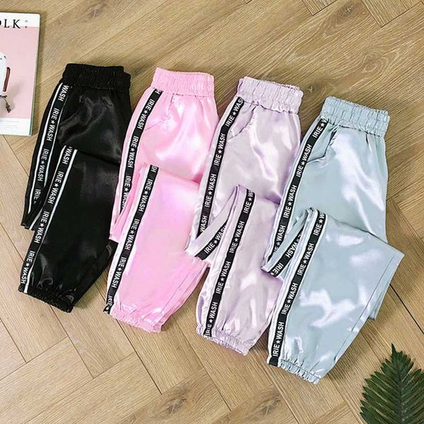 

running pants highlight harem 2021 women's summer big pocket satin harajuku fashion joggers women glossy ribbon trousers, Black;blue