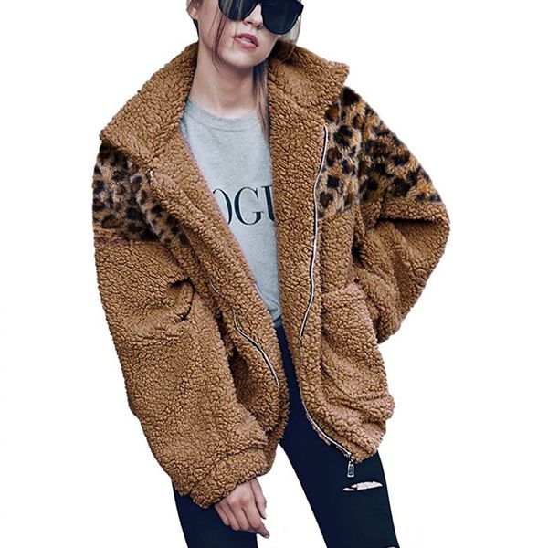 

new autumn winter faux fur coat women leopard print patchwork teddy fleece jacket thick warm soft fluffy jacket outerwear casaco, Black