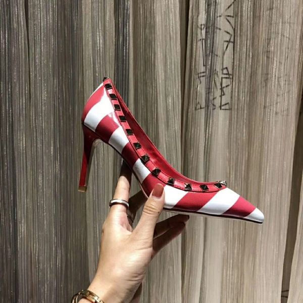 

high-heeled boat shoes 2019 new pattern pointed riveted women's shoes designer's leather brand banquet party wedding shoes large s, Black