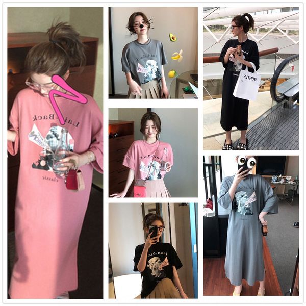 

dx8ey ins internet celebrity short-sleeved printed t- women's summer 2019 new korean style foundation t-shirt foundation loose round ne, Black;gray