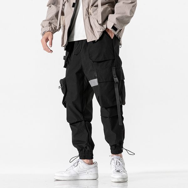 

men's jogging pants fashion loose elastic waist hip-hop 2020 spring overalls multi-pocket cargo pants men's pencil, Black
