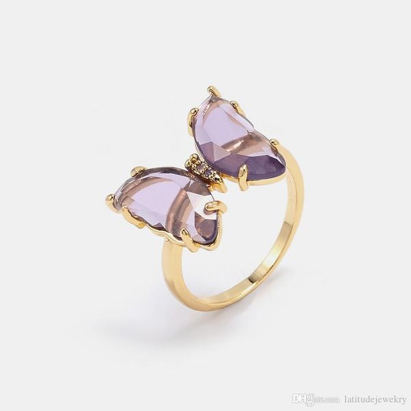 

Luxury jewelry women pink purple glass butterfly designer rings copper with gold plated diamond rings for girl fashion style