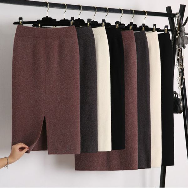 

knitted wool skirts women autumn winter warp skirts thicken high waist split pencil skirts korean vintage cashmere 2020 v677, Black