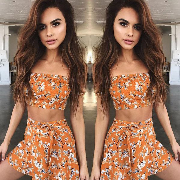 

summer women clothing set off shoulder t-shirt + skirt women new fashion floral clothes, Gray