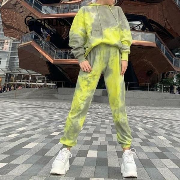 

printing jogging suit tie-dye two pieces set sweatsuit women sets zipper hoodies crop drawstring pants outfit tracksuit new, White