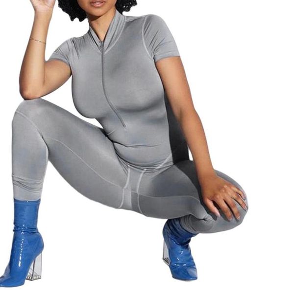 

2020women sports jumpsuit playsuit romper summer casual slim solid gym jogger biker workout fitness playsuit romper with zipper, Black;white