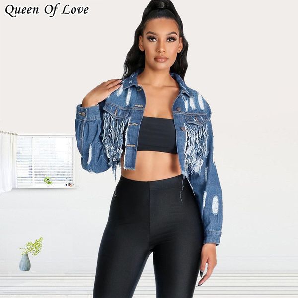 

2020 new street style tassel ripped cropped jean jacket backless short denim coat female outwear plus size 5xl, Black;brown
