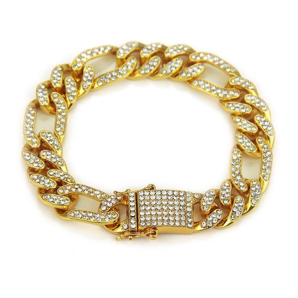 

8inch gold cuban chain link bracelet hip hop bracelet bling hollow bangle fashion men jewelry bijoux femme shellhard jewellery, Black