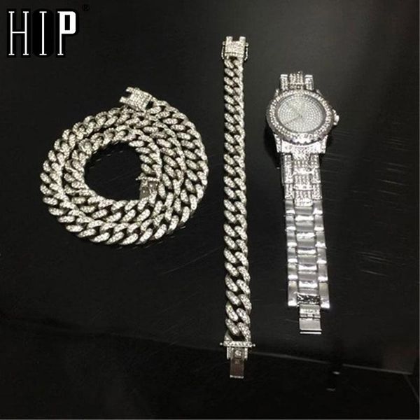 

hip hop necklace +watch+bracelet full iced out paved rhinestones miami curb cuban chain gold cz bling rapper for men jewelry, Silver