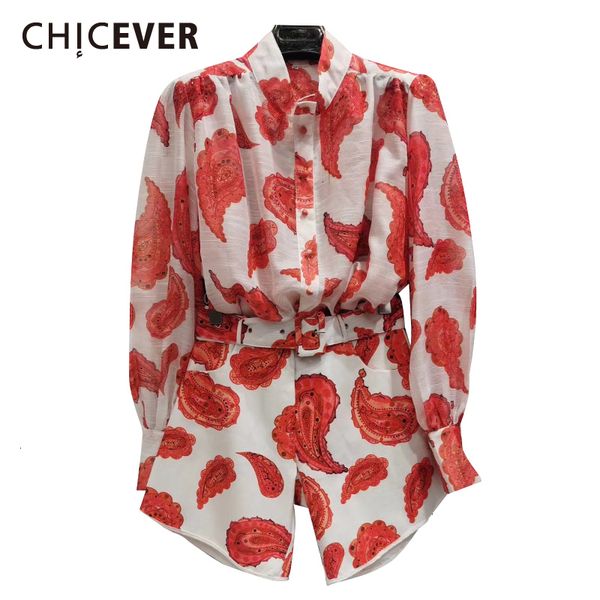 

chicever print hit color two piece set female lapel collar lantern sleeve blouse high waist lace up short casual suit women 2020, White
