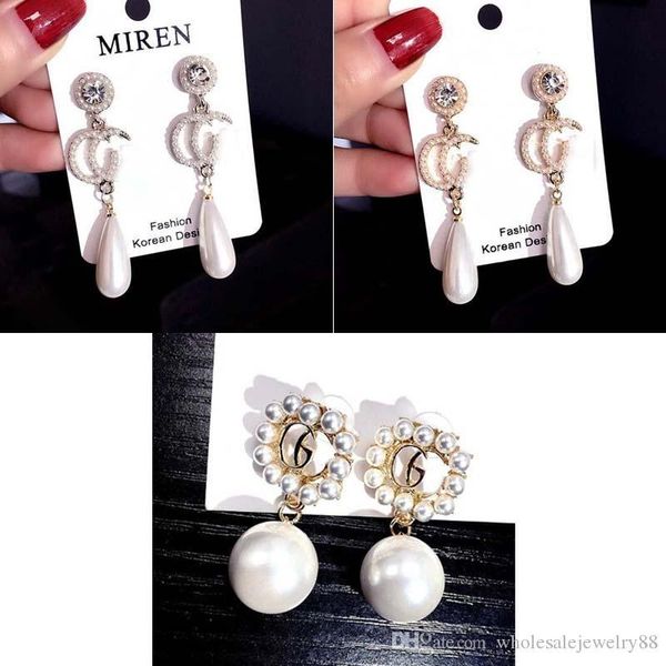 

wholesale fashion crystal letters dangle drop earrings crystal pearl eardrop 925 silver needle earring women wedding party jewelry, Gray