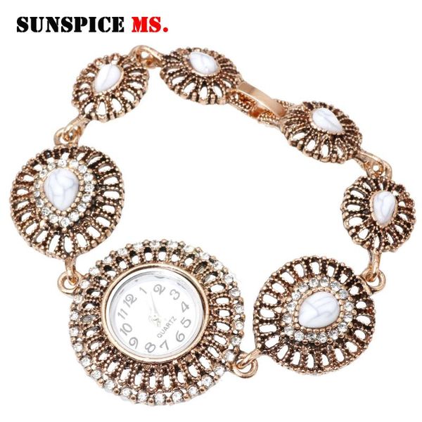 

sunspice ms morocco vintage round wrist watch charm bracelet for women hollow metal chain turkish design wedding jewelry, Golden;silver