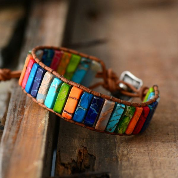 

chakra handmade multi color natural stone tube beads bracelet leather wrap bracelet couples bracelets jewelry creative gifts, Black